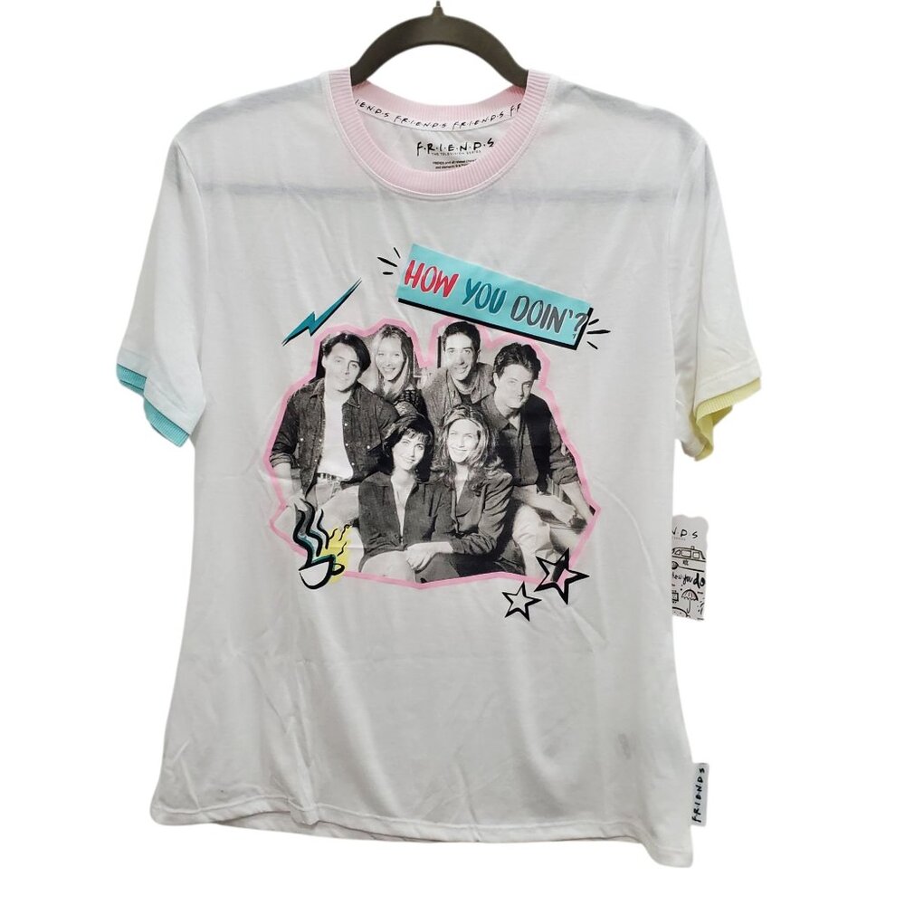 Friends Women's Super Soft White Group Photo Pastel Ringer Tee NWT‎ Size XS